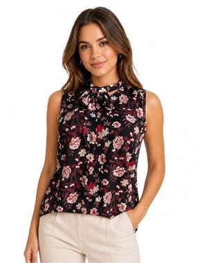 By Design Sleeveless Floral Tie-Neck Bow Blouse Black Pink L